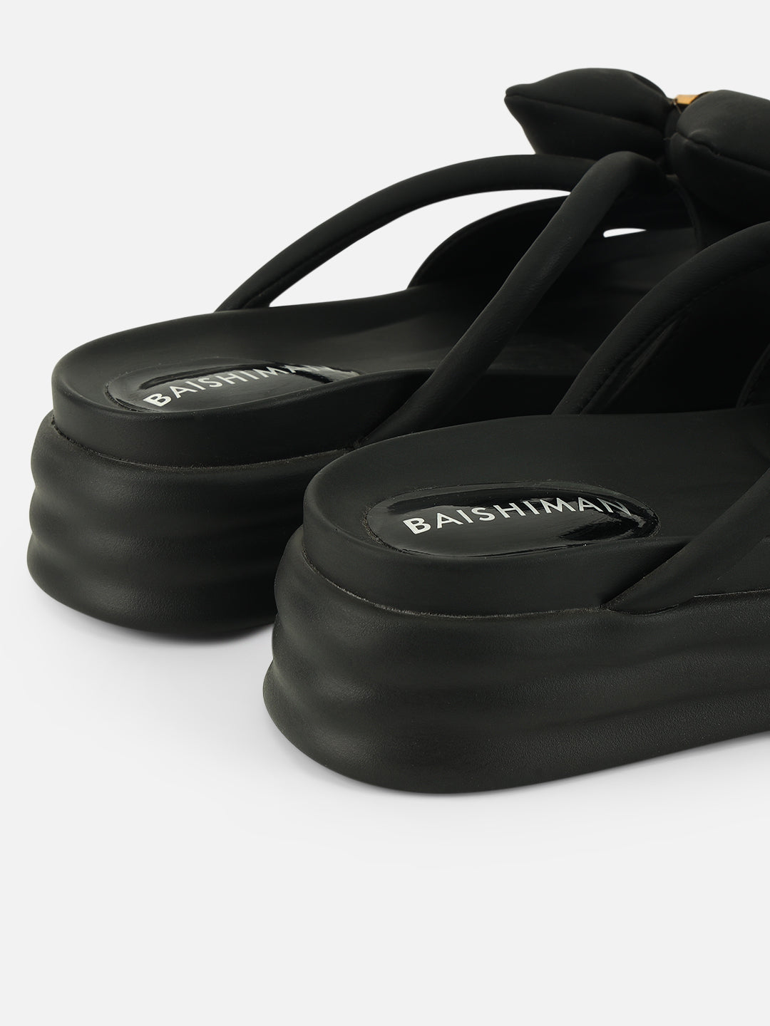 Beatnik Chic Charm: Black Bow Comfort Sandals with Gold Accent