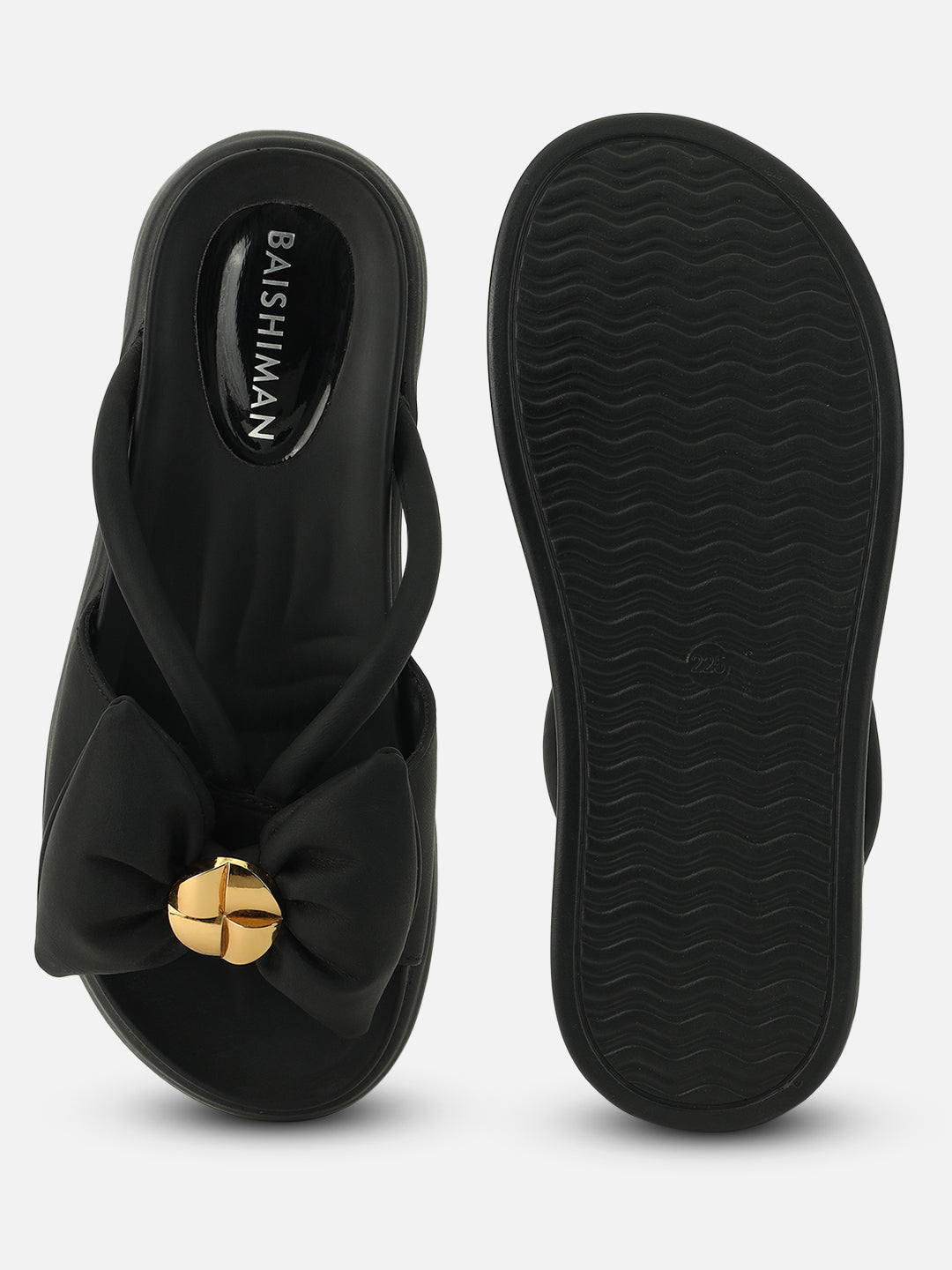 Beatnik Chic Charm: Black Bow Comfort Sandals with Gold Accent