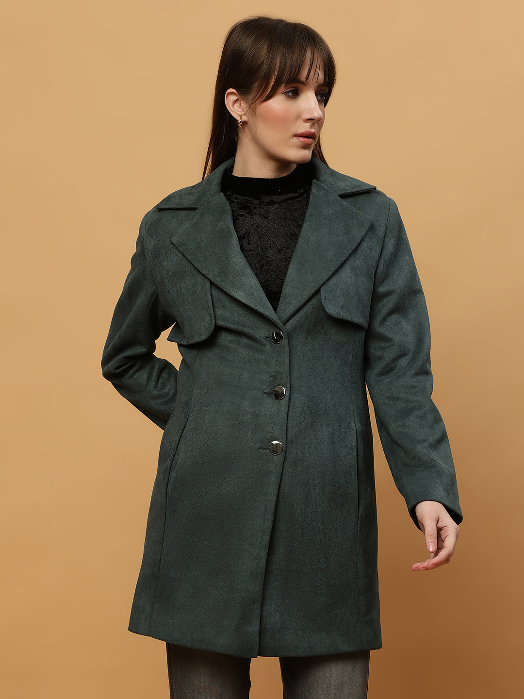 Beatnik Shawl Collar Full Sleeve Front Open Dark Green Blazer Beatnik India