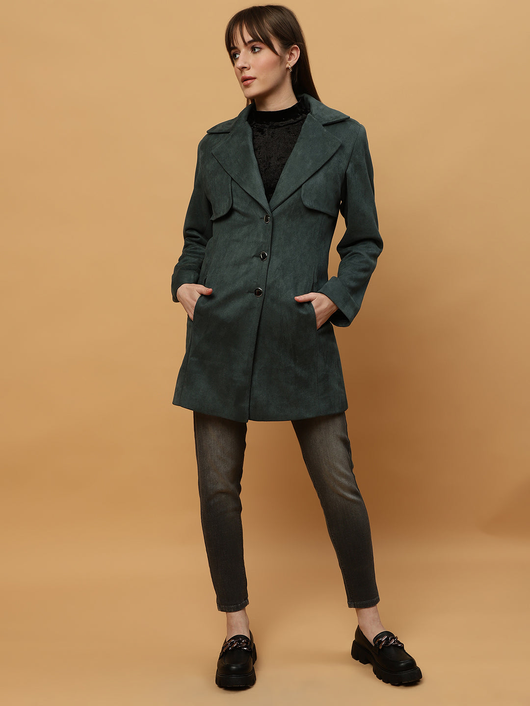 Beatnik Shawl Collar Full Sleeve Front Open Dark Green Blazer Beatnik India
