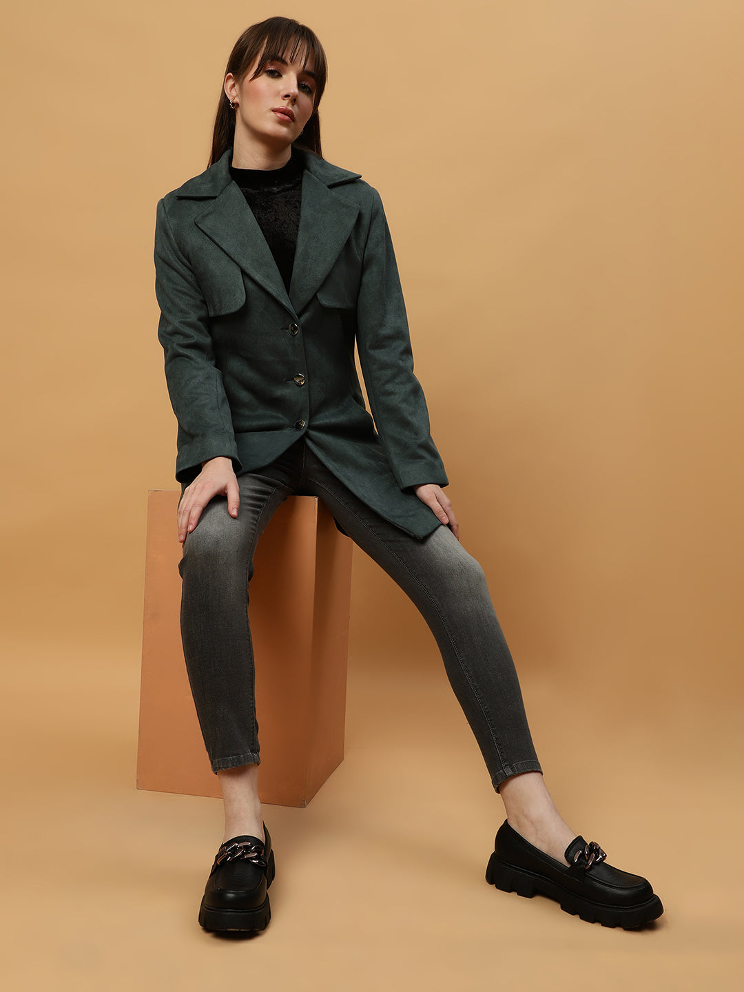 Beatnik Shawl Collar Full Sleeve Front Open Dark Green Blazer Beatnik India