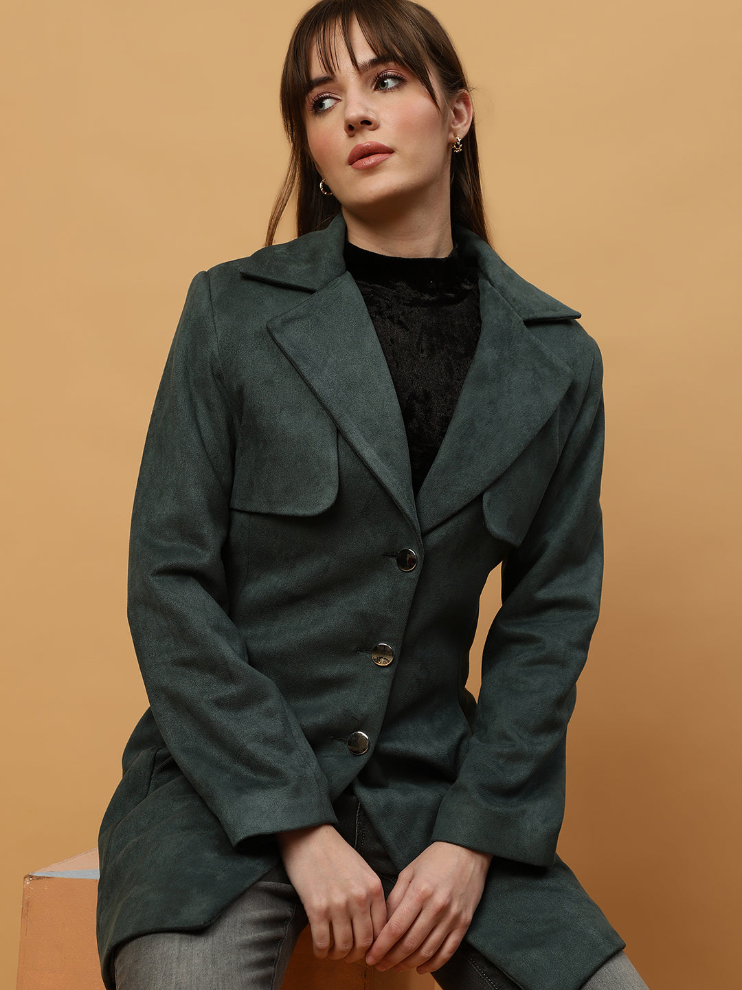 Beatnik Shawl Collar Full Sleeve Front Open Dark Green Blazer Beatnik India