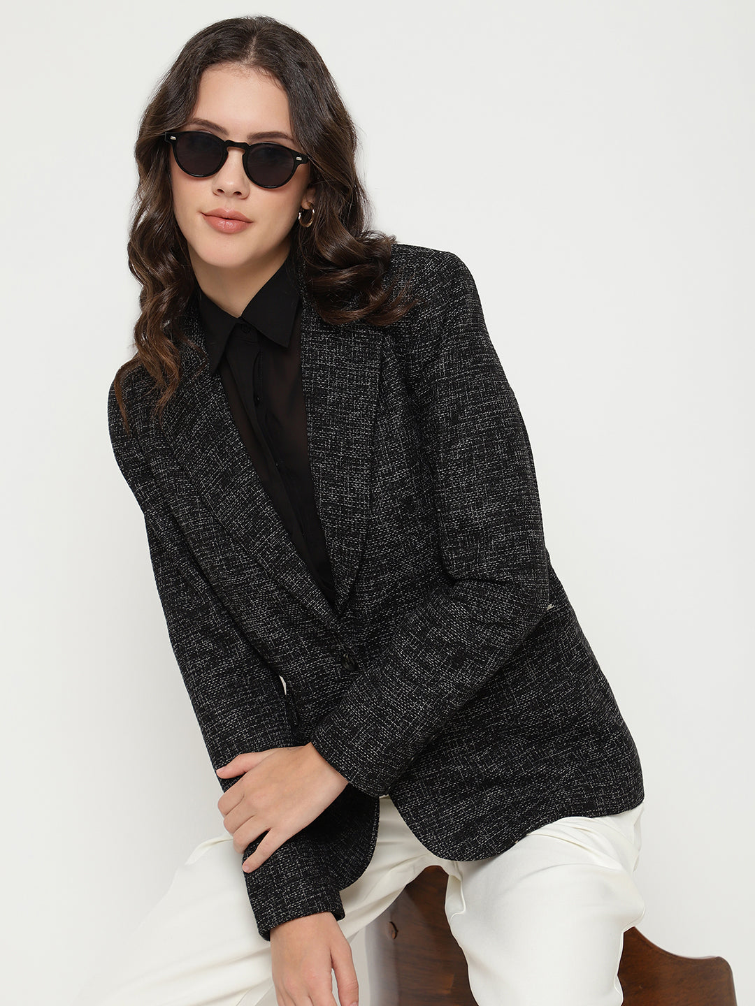 Beatnik Front Open Regular Shawl Collar Womens Black Blazers Beatnik India