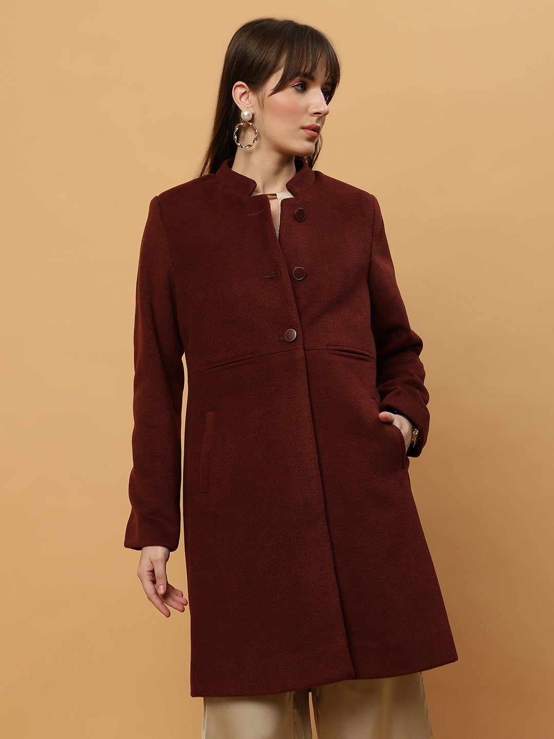 Beatnik Collared Full Sleeve Three Button Blazer Maroon Blazer Beatnik