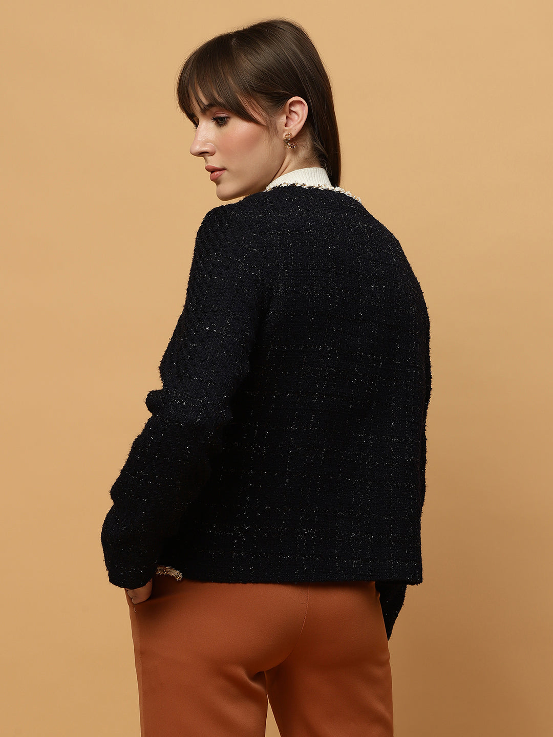 Beatnik Front Open Regular Jacquard Womens Blue Blazers Beatnik India