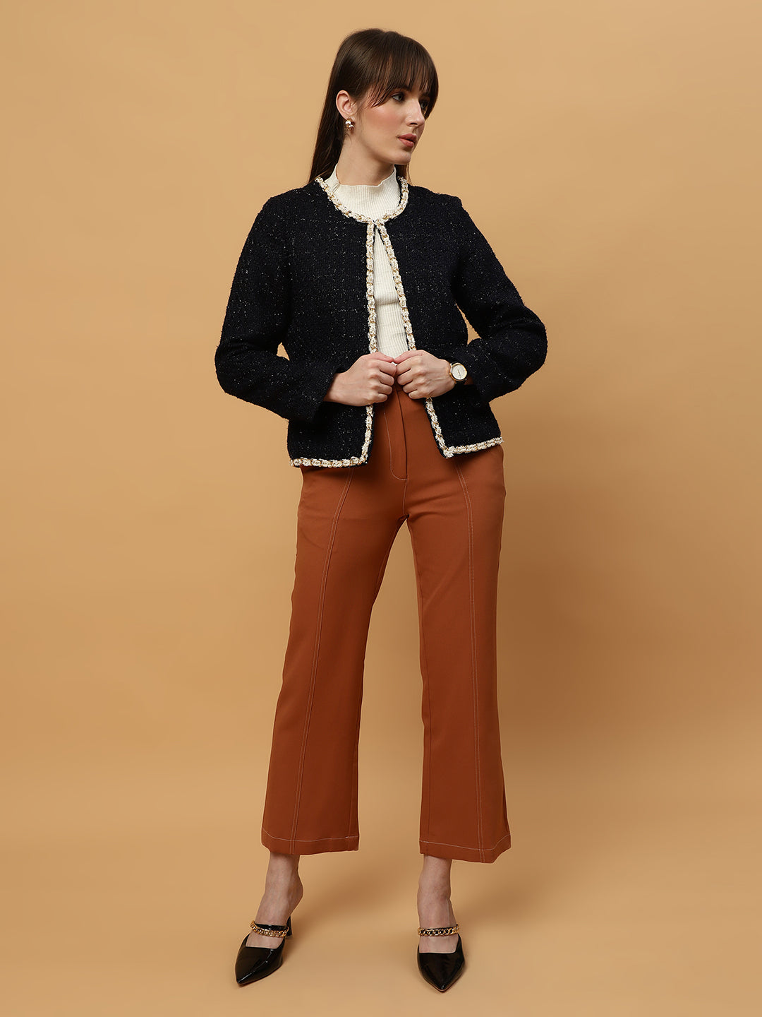 Beatnik Front Open Regular Jacquard Womens Blue Blazers Beatnik India