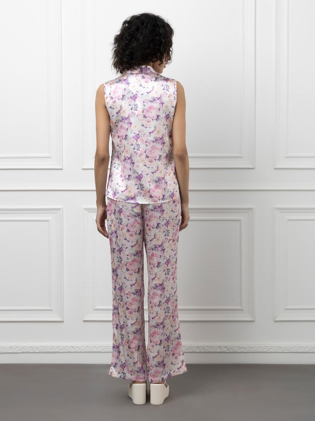 Sleeveless Satin Coord Set with Floral Print Beatnik India