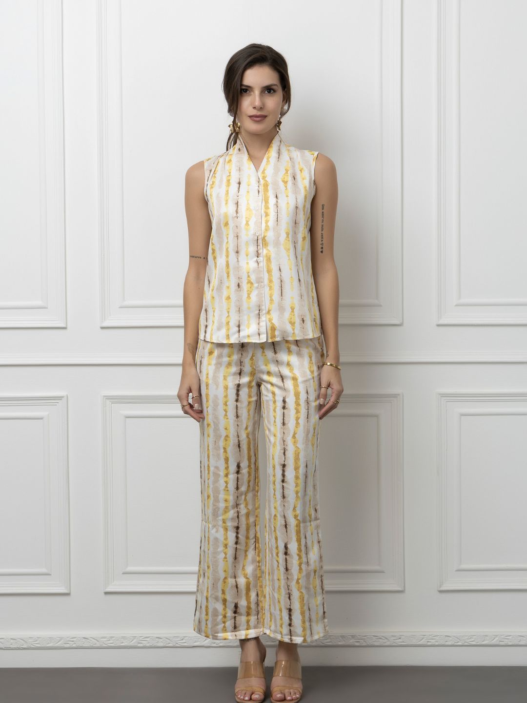 Sleeveless Crepe and Satin Coord Set with Vertical Print Beatnik India