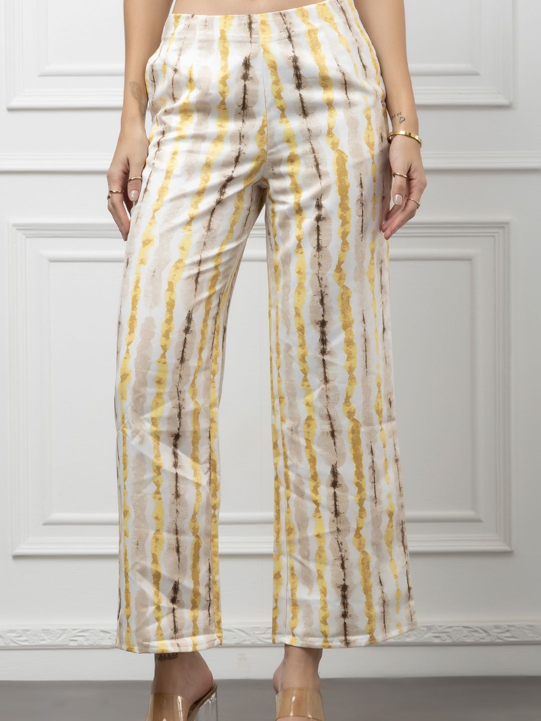 Sleeveless Crepe and Satin Coord Set with Vertical Print Beatnik India