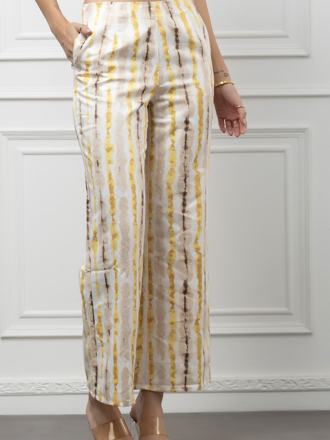 Sleeveless Crepe and Satin Coord Set with Vertical Print Beatnik India