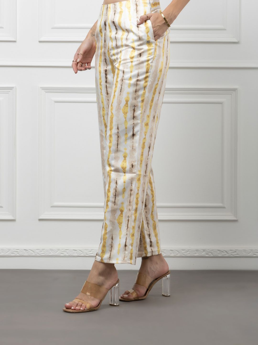 Sleeveless Crepe and Satin Coord Set with Vertical Print Beatnik India