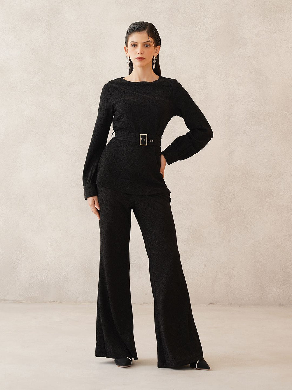 Black Cuffed Sleeves Top with Trouser with a Belt