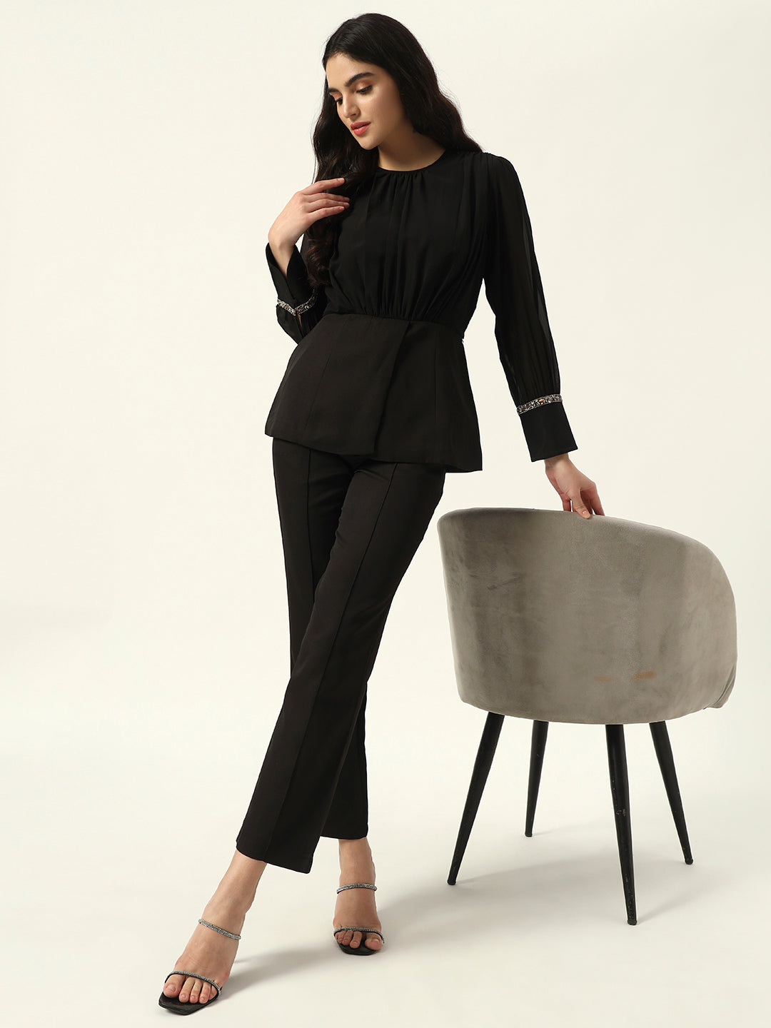 Crepe Bishop Sleeve Black Peplum Coord