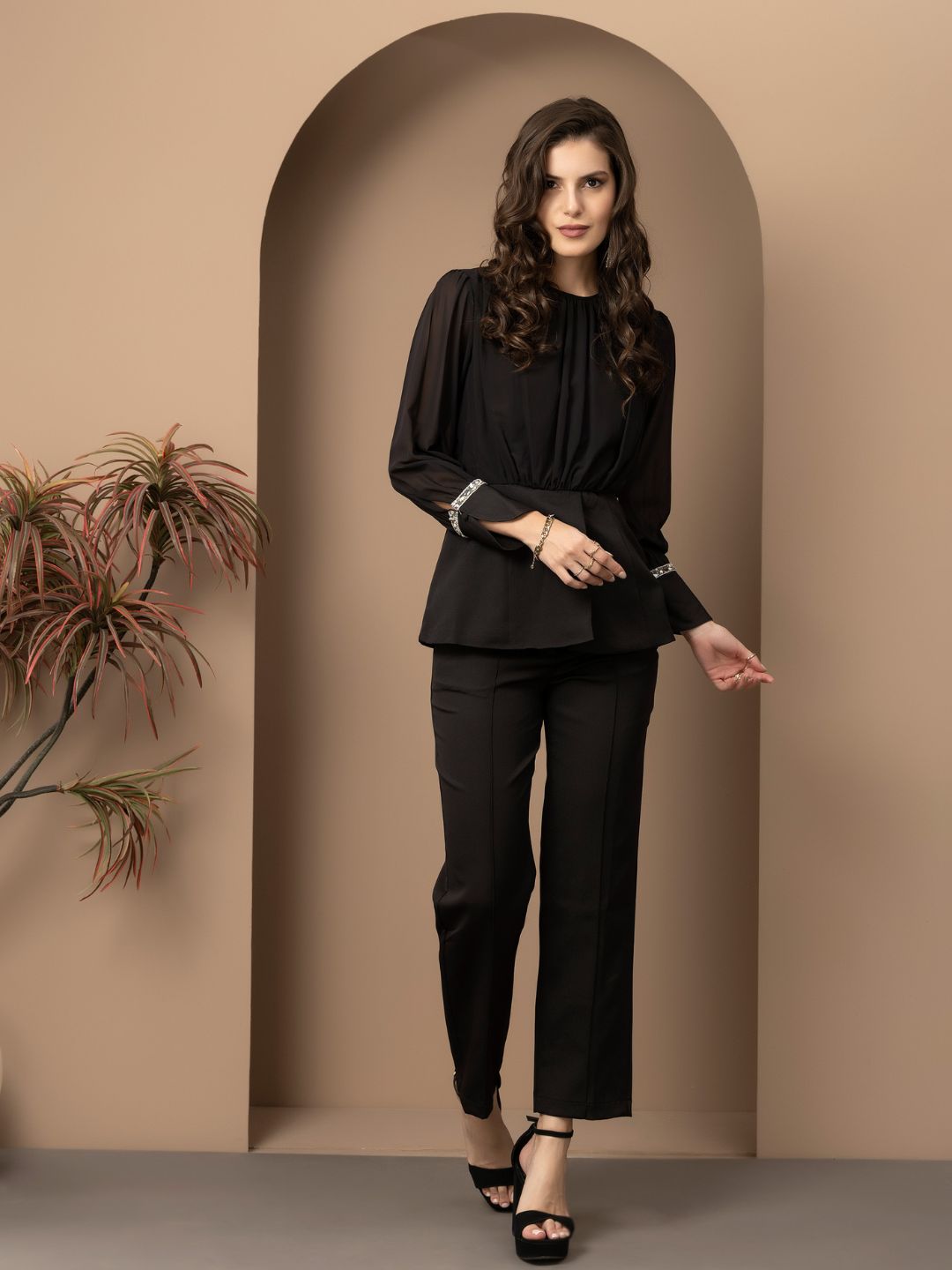 Beatnik Bishop Sleeve Black Peplum Coord Beatnik India