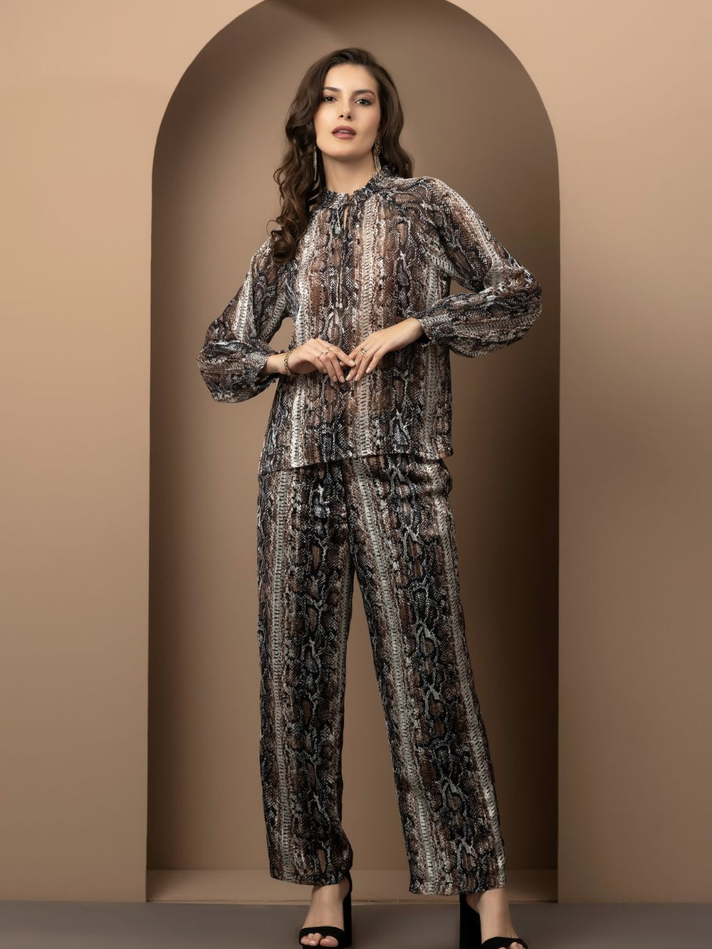 Chic 2-Piece Animal Print Georgette Coord Set with Satin Stripes Beatnik India