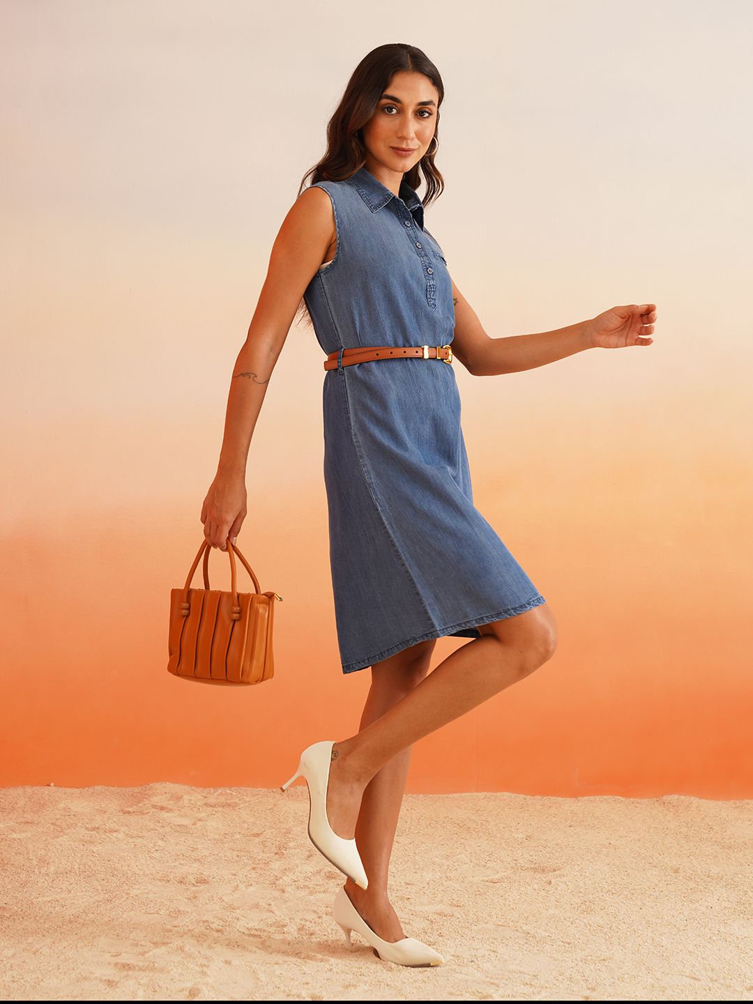 Classic Knee-Length Denim Dress with Shirt Collar – Beatnik