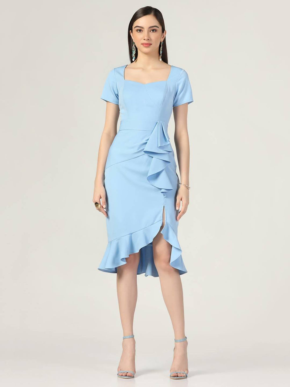 Summer Casual Sweetheart Neck Bodycon Ruffle Style Light Blue Midi Dress Beatnik India