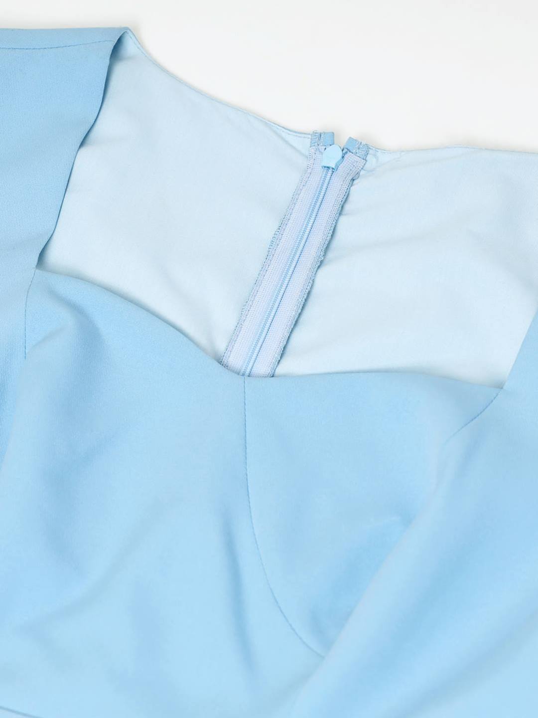 Summer Casual Sweetheart Neck Bodycon Ruffle Style Light Blue Midi Dress Beatnik India