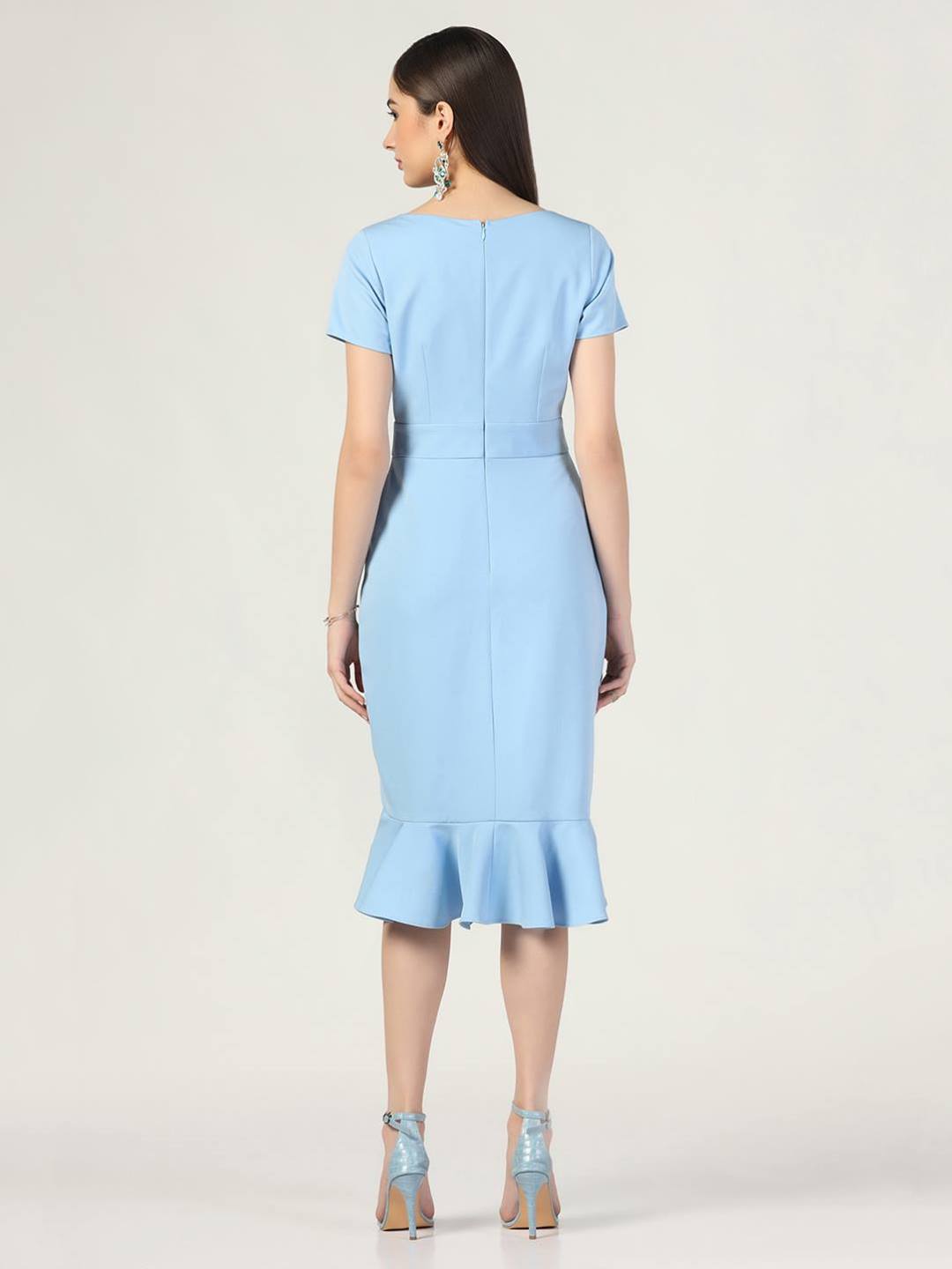 Summer Casual Sweetheart Neck Bodycon Ruffle Style Light Blue Midi Dress Beatnik India