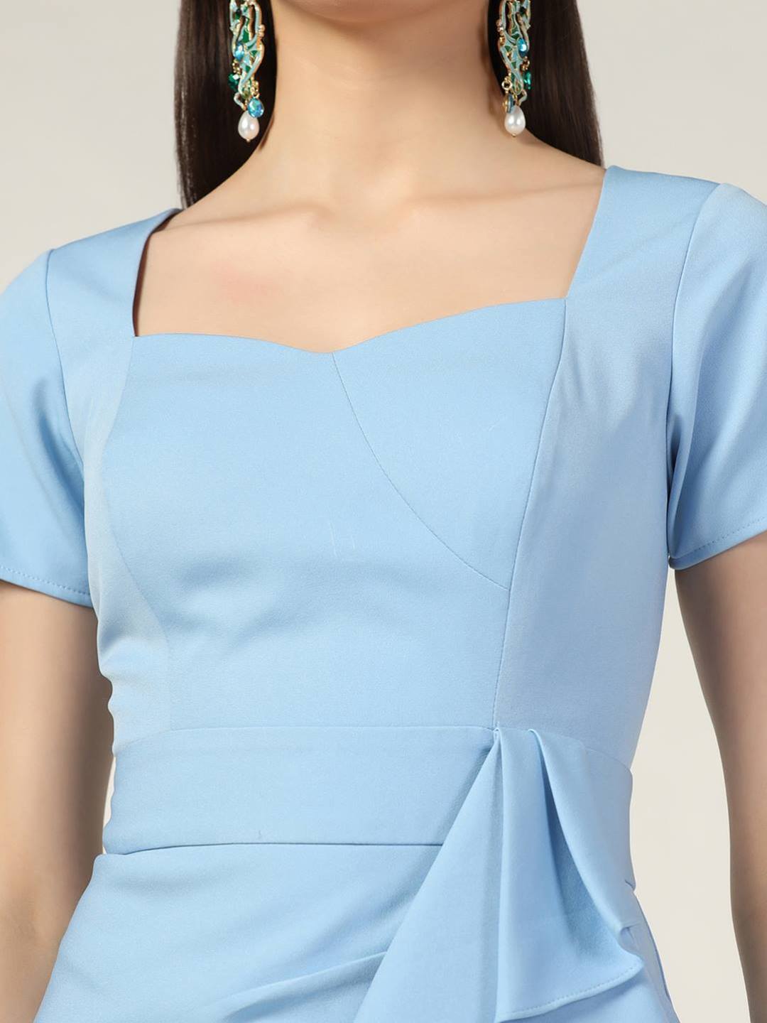 Summer Casual Sweetheart Neck Bodycon Ruffle Style Light Blue Midi Dress Beatnik India