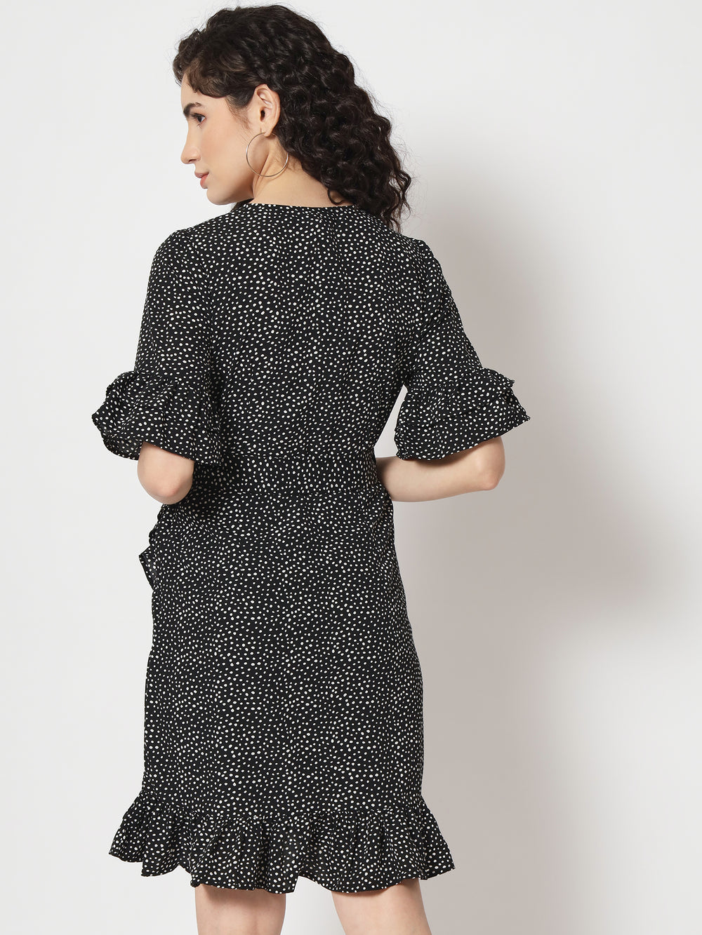 Beatnik Polka Dot Chic V-neck Mid-Length Black Dress Beatnik India