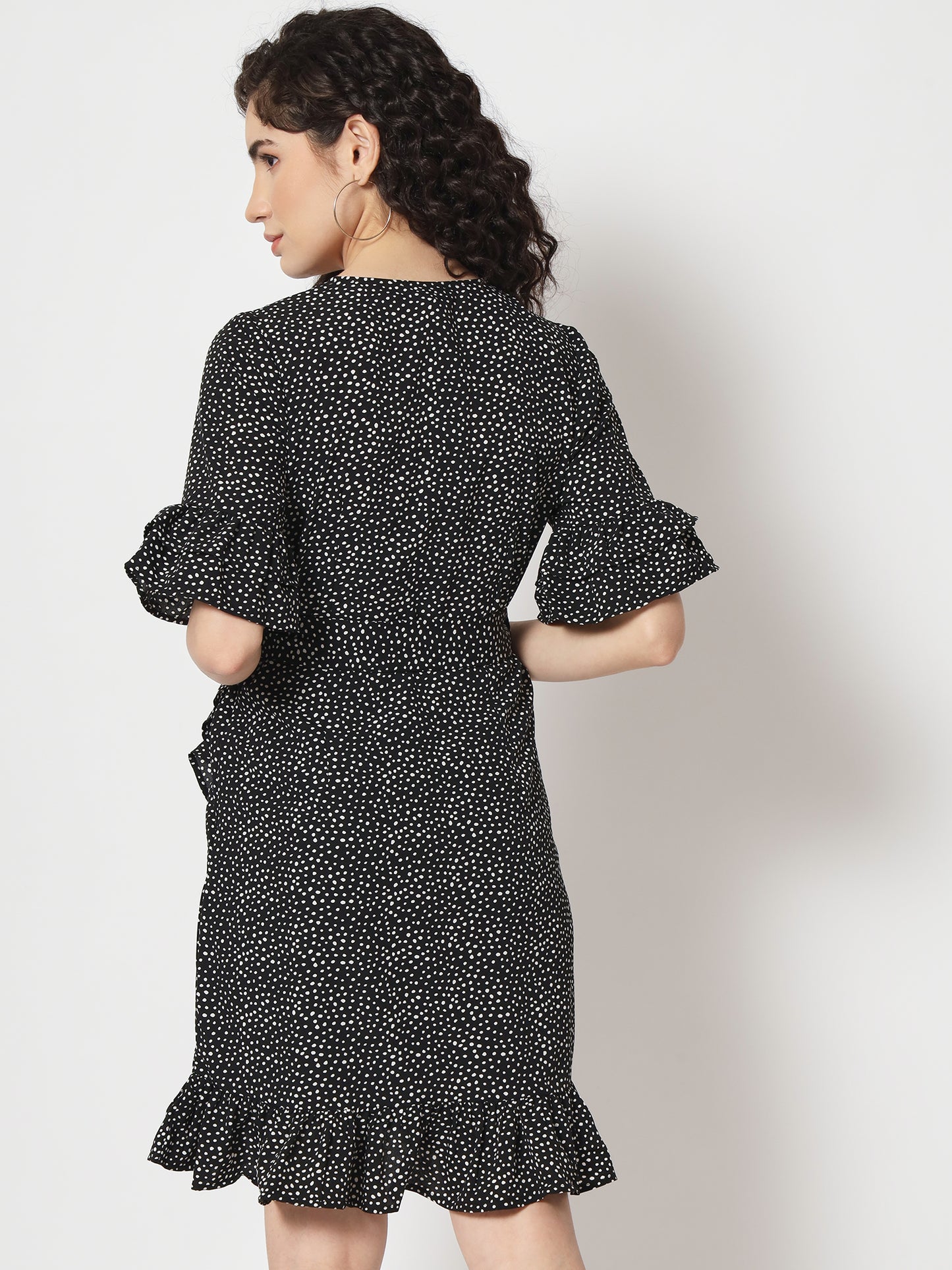 Beatnik Polka Dot Chic V-neck Mid-Length Black Dress Beatnik India