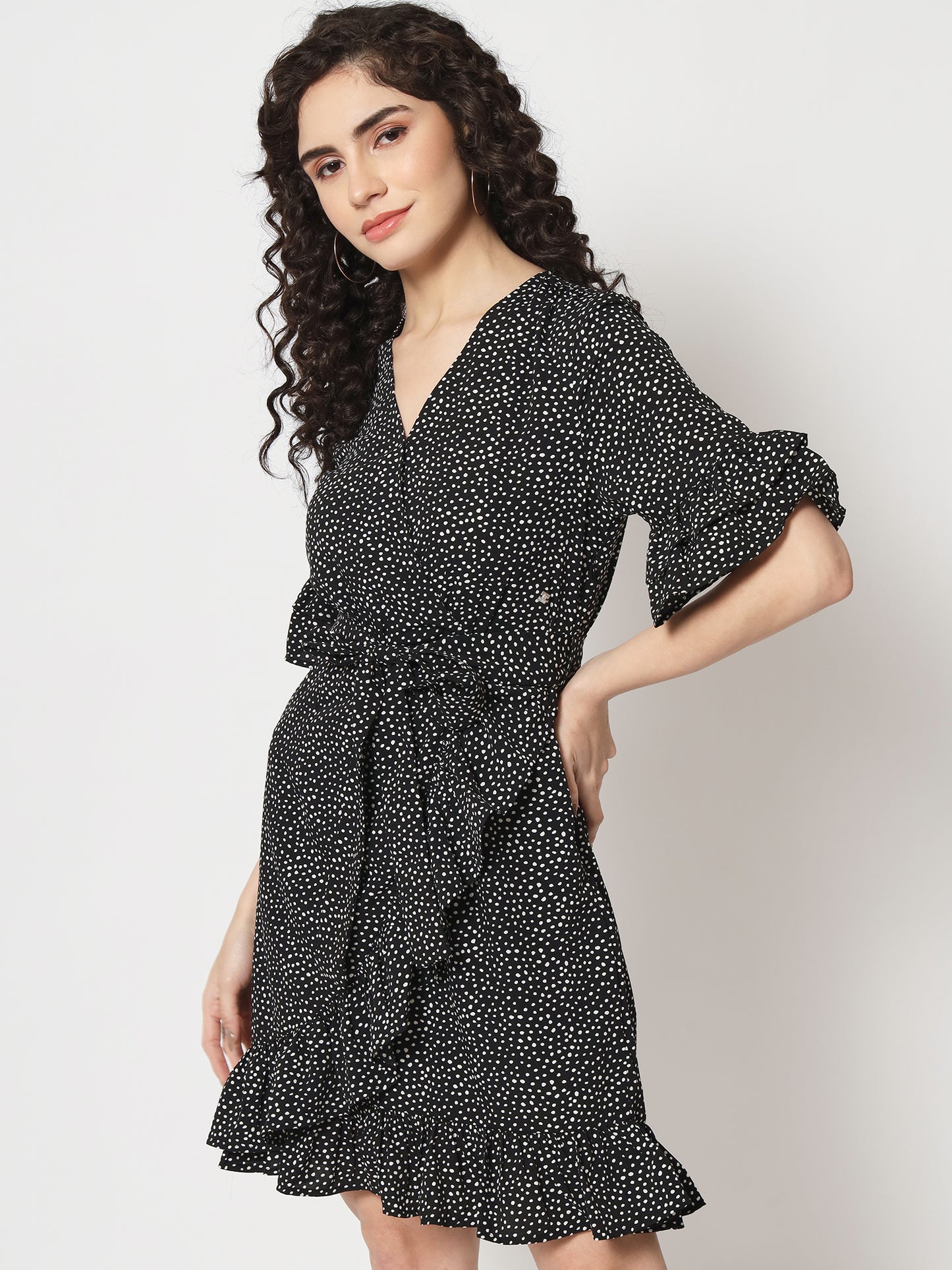 Beatnik Polka Dot Chic V-neck Mid-Length Black Dress Beatnik India