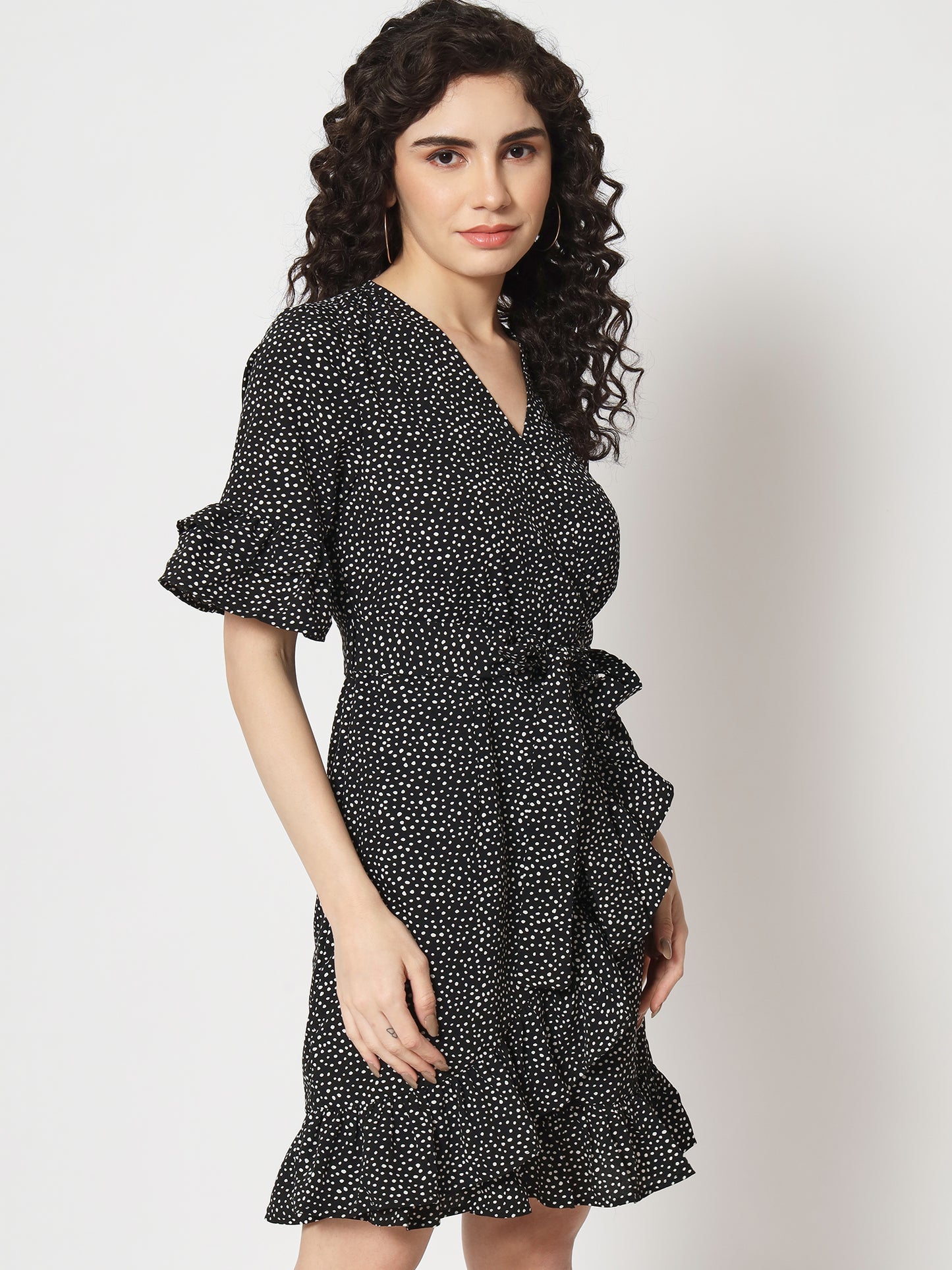 Beatnik Polka Dot Chic V-neck Mid-Length Black Dress Beatnik India
