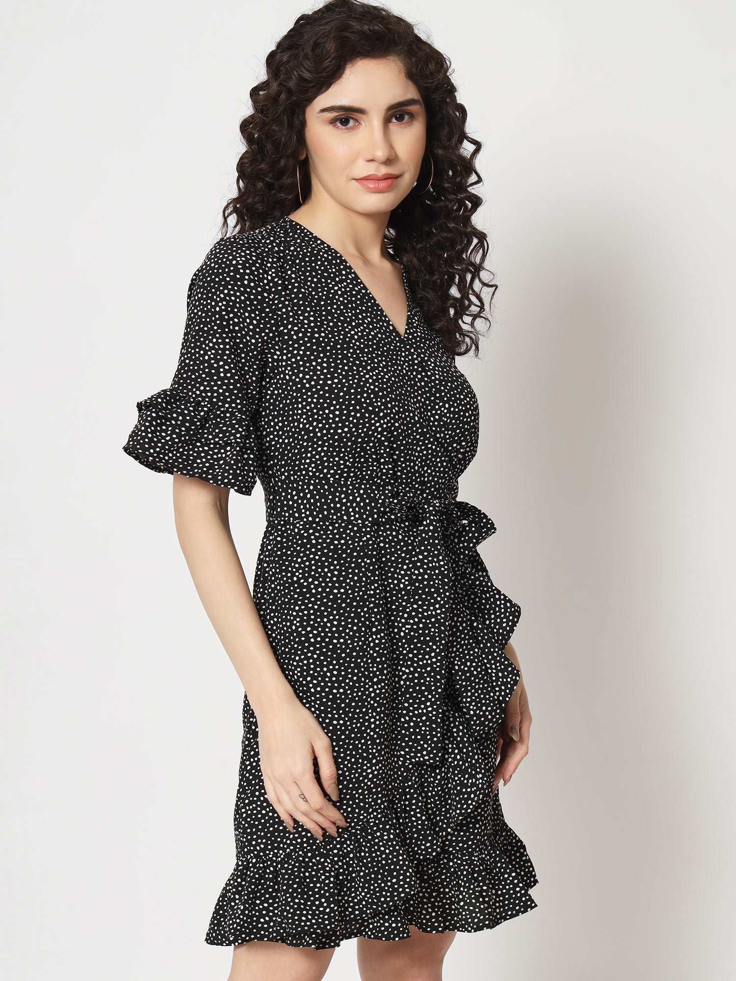 Beatnik Polka Dot Chic V-neck Mid-Length Black Dress Beatnik India