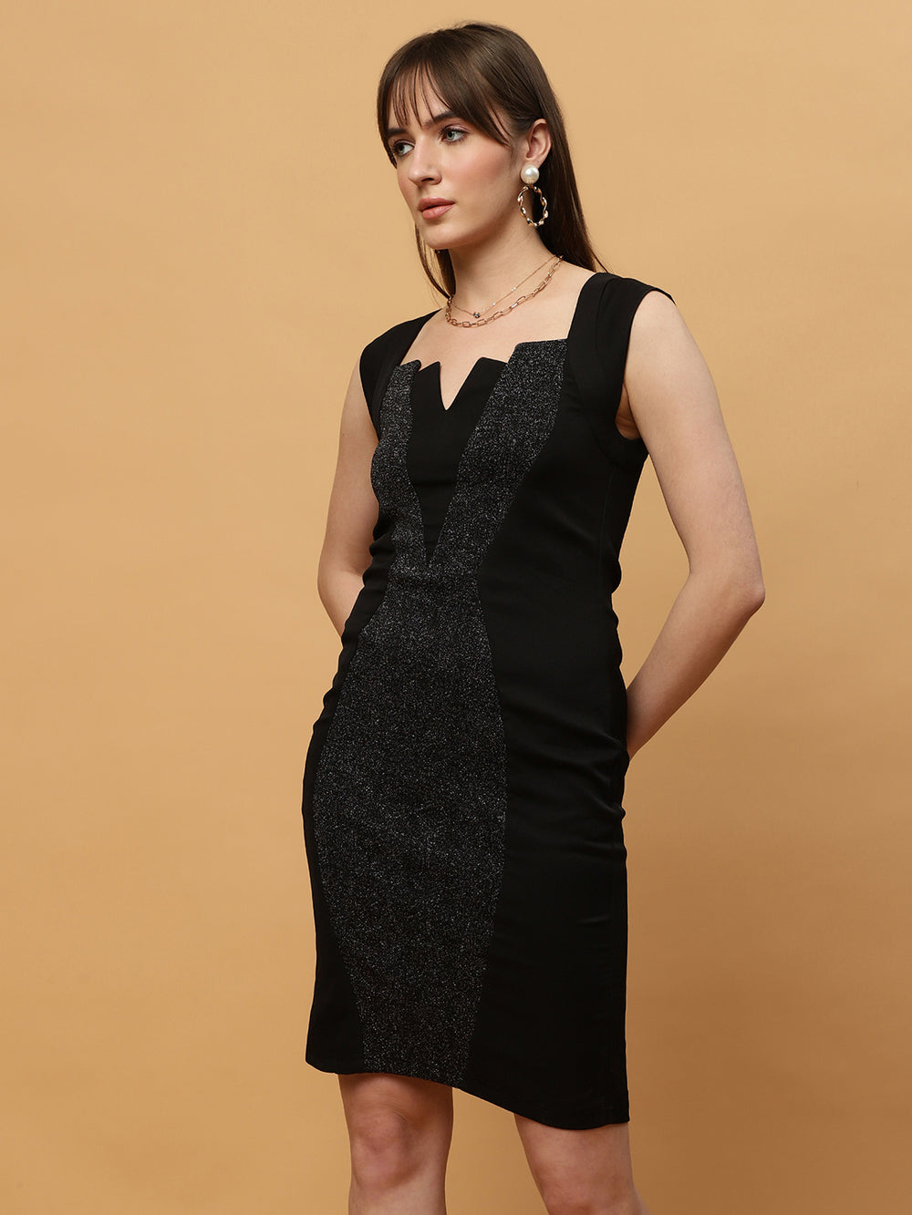 Beatnik Formal Wear V-neck Sleeveless Black Bodycon Dress Beatnik India