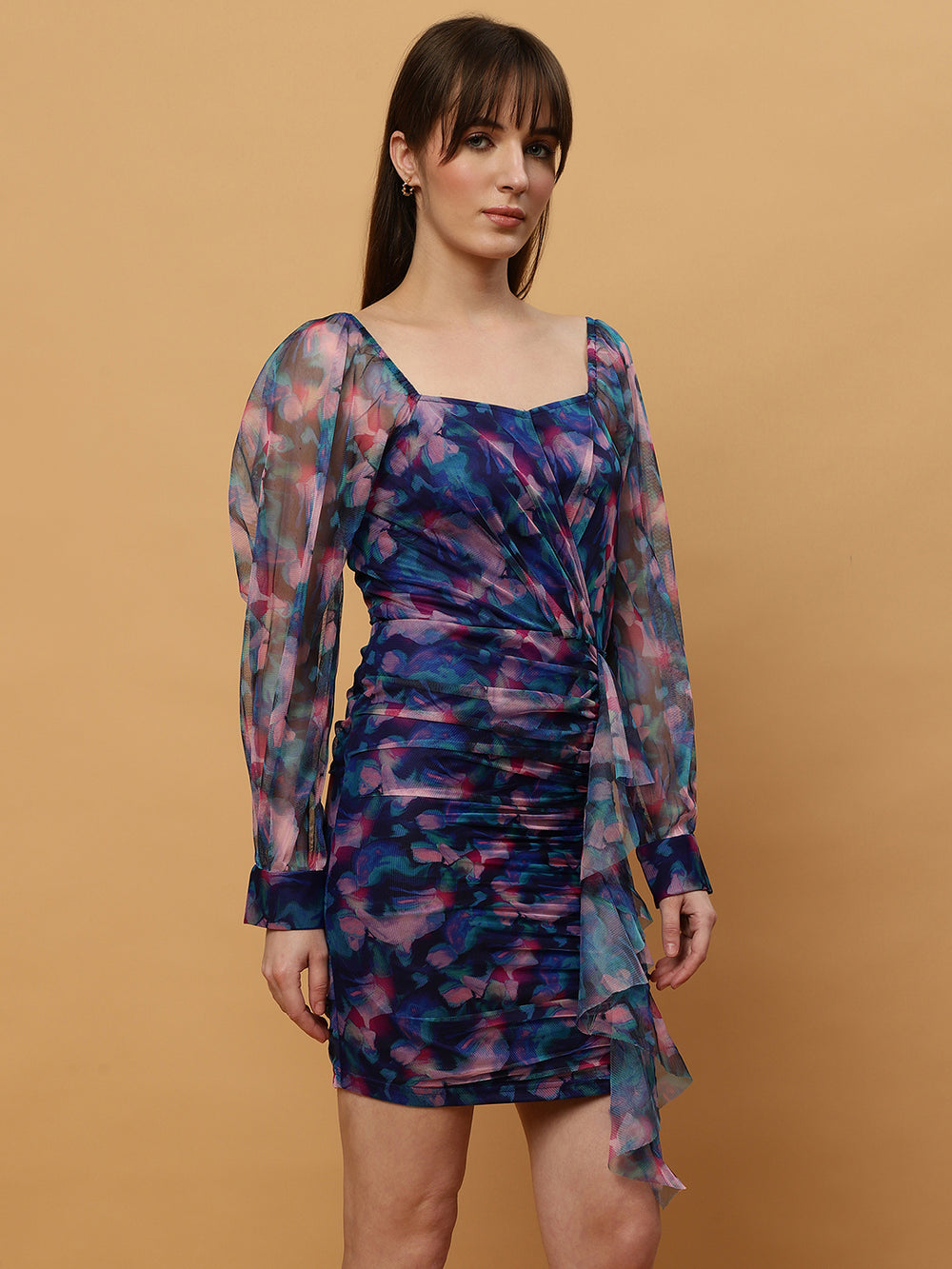 Empire Waist Floral Print Georgette Dress with Puff Sleeve Beatnik India