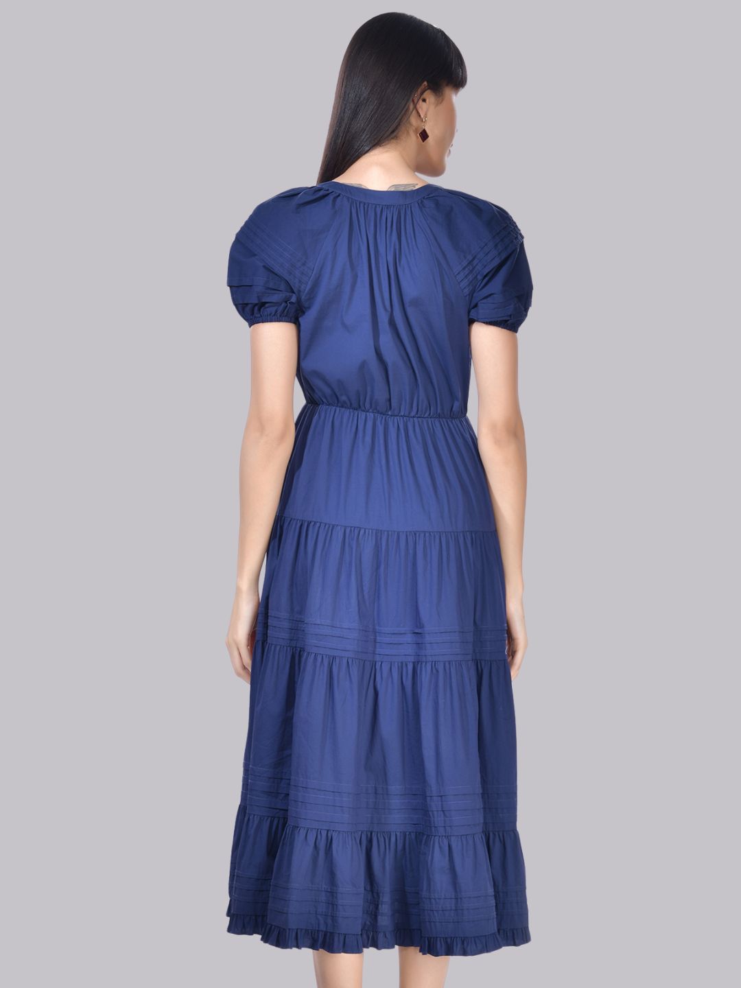 Beatnik Cotton V-neck Blue Womens Dresses Beatnik India