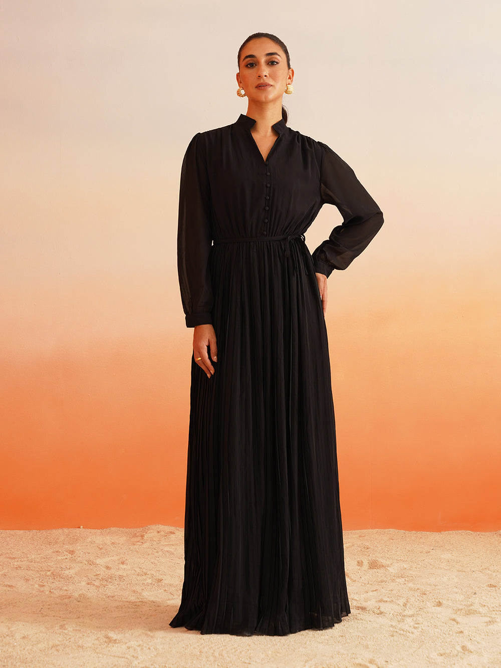 Beatnik Mandarin Collar Bishop & Full Sleeve Floral Lace Dress Beatnik India