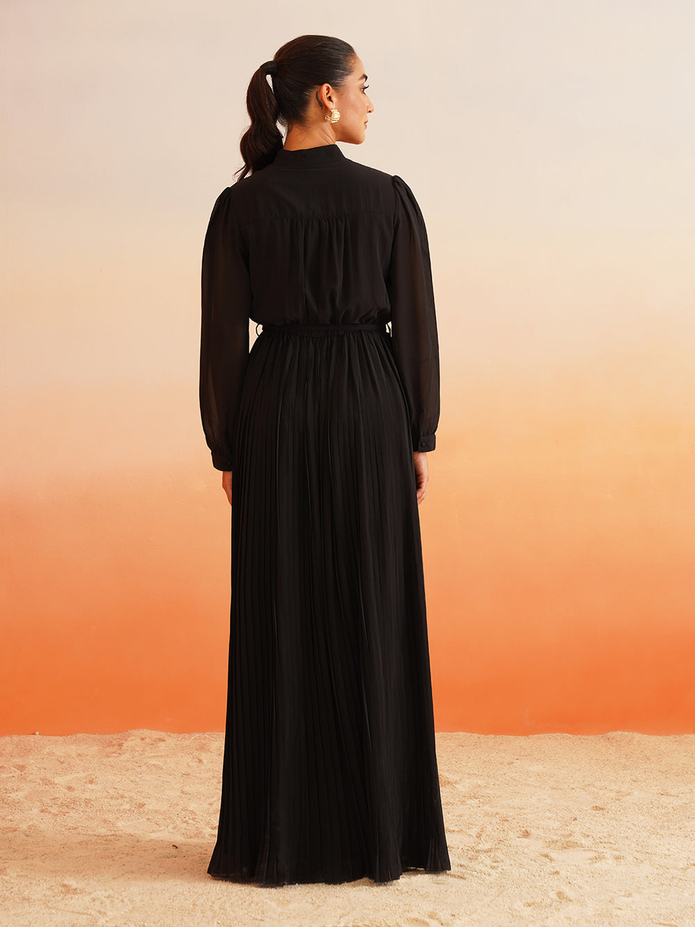 Beatnik Mandarin Collar Bishop & Full Sleeve Floral Lace Dress Beatnik India