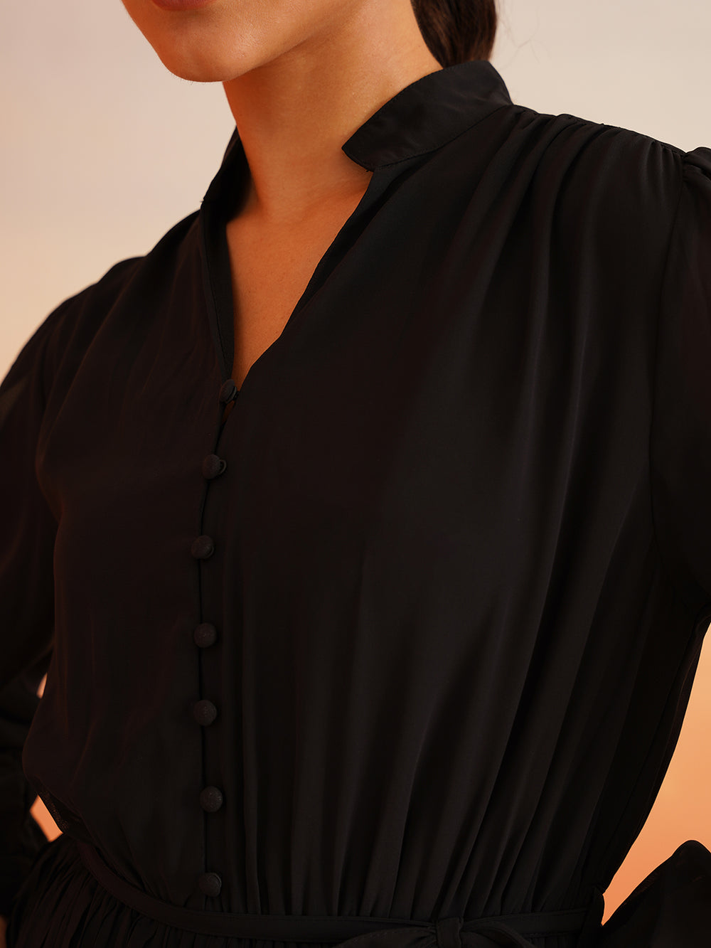 Beatnik Mandarin Collar Bishop & Full Sleeve Floral Lace Dress Beatnik India