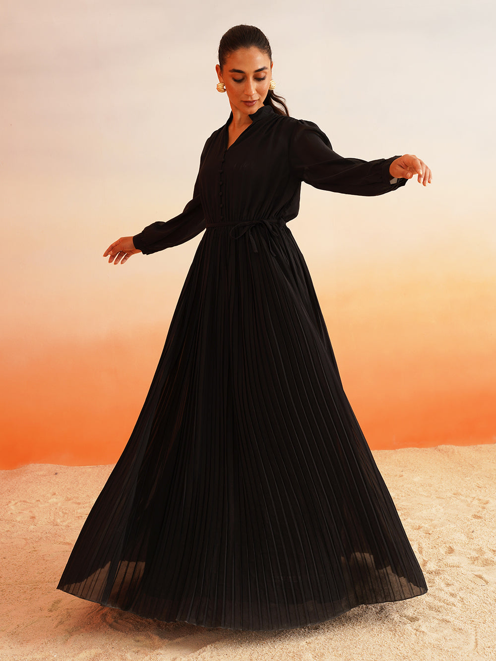 Beatnik Mandarin Collar Bishop & Full Sleeve Floral Lace Dress Beatnik India