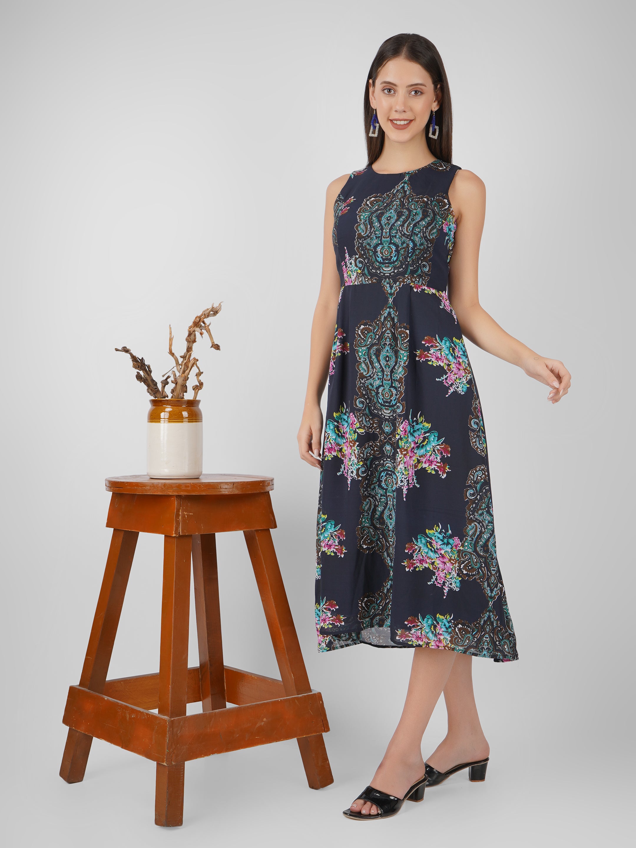 casual midi dress india Daughters of India Floral Print Midi Length Dress - Brown Dresses, Clothing - XDOIA20548