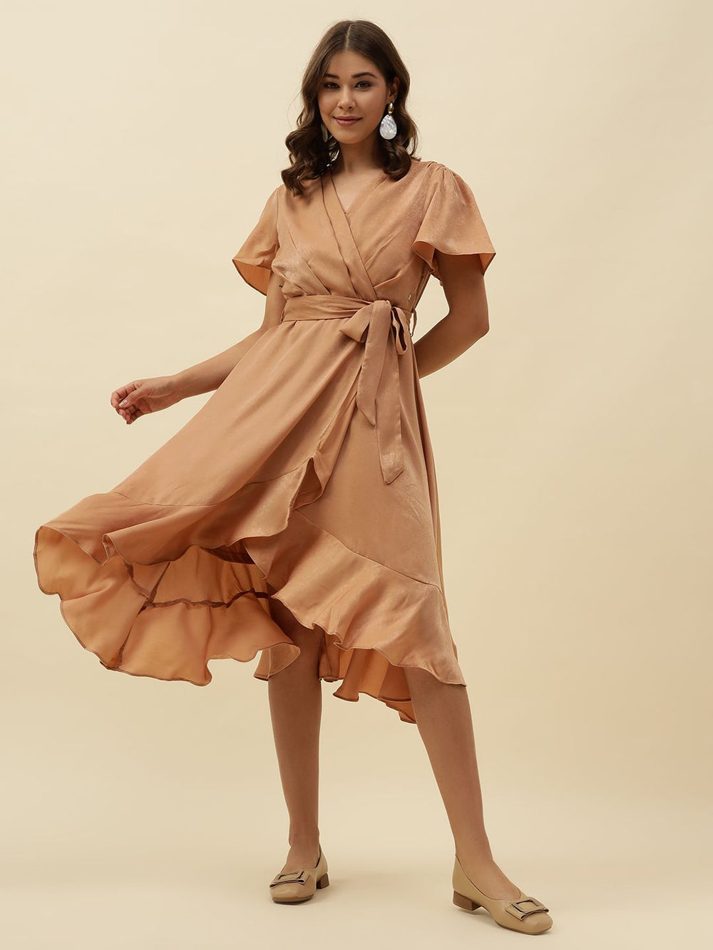 Beige Wrap V-neck Dress Beatnik