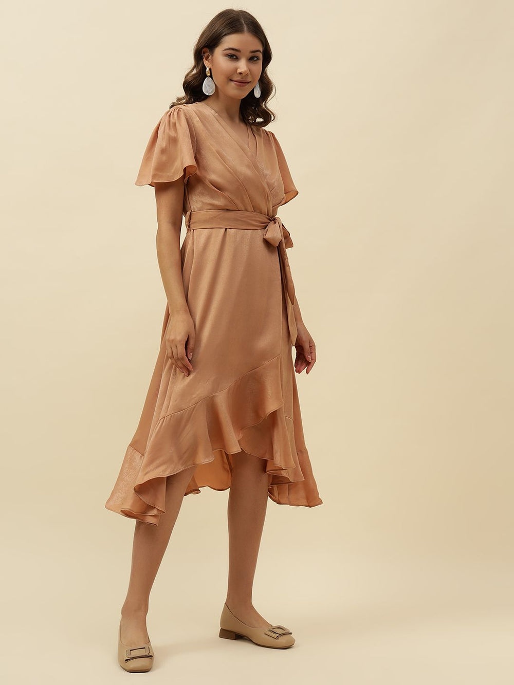 Beige Wrap V-neck Dress Beatnik