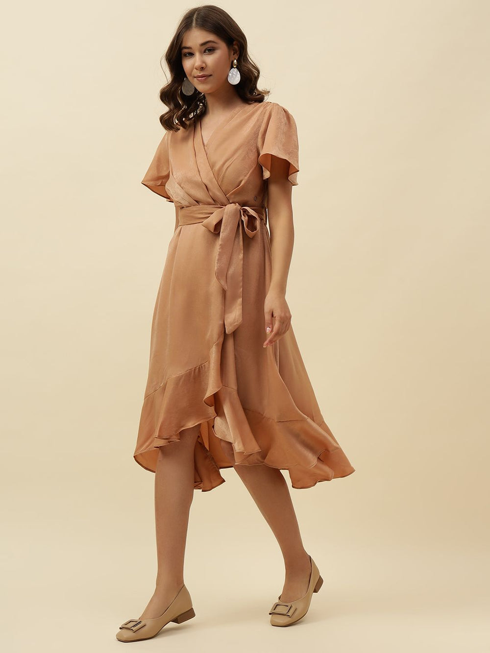 Beige Wrap V-neck Dress Beatnik