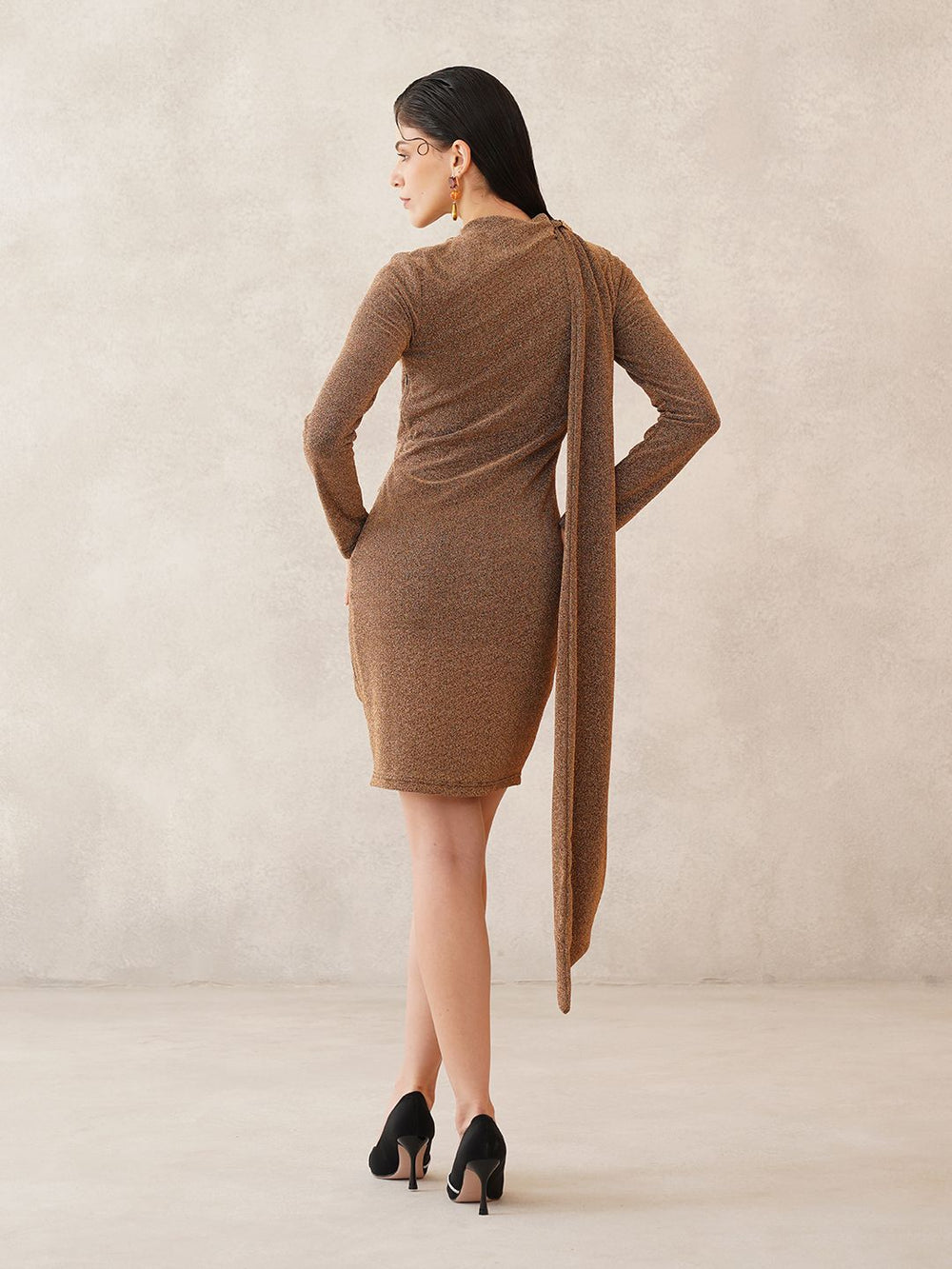 Gold Bodycon Attached Scarf Neck Dress Beatnik
