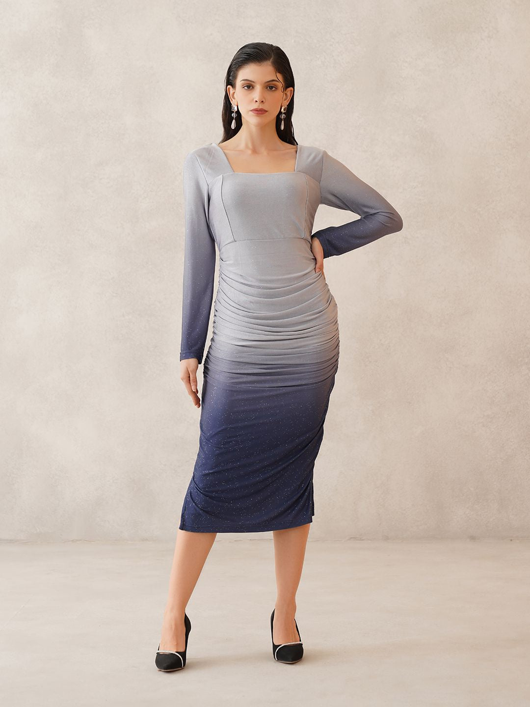 Blue Bodycon Square Neck Dress | Beatnik India Blue Bodycon Square Neck Dress | Beatnik India