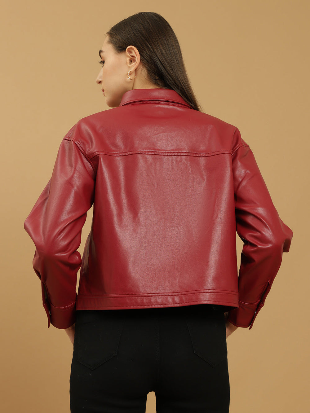 Beatnik Leather Regular Solid Womens Red Jackets Beatnik India