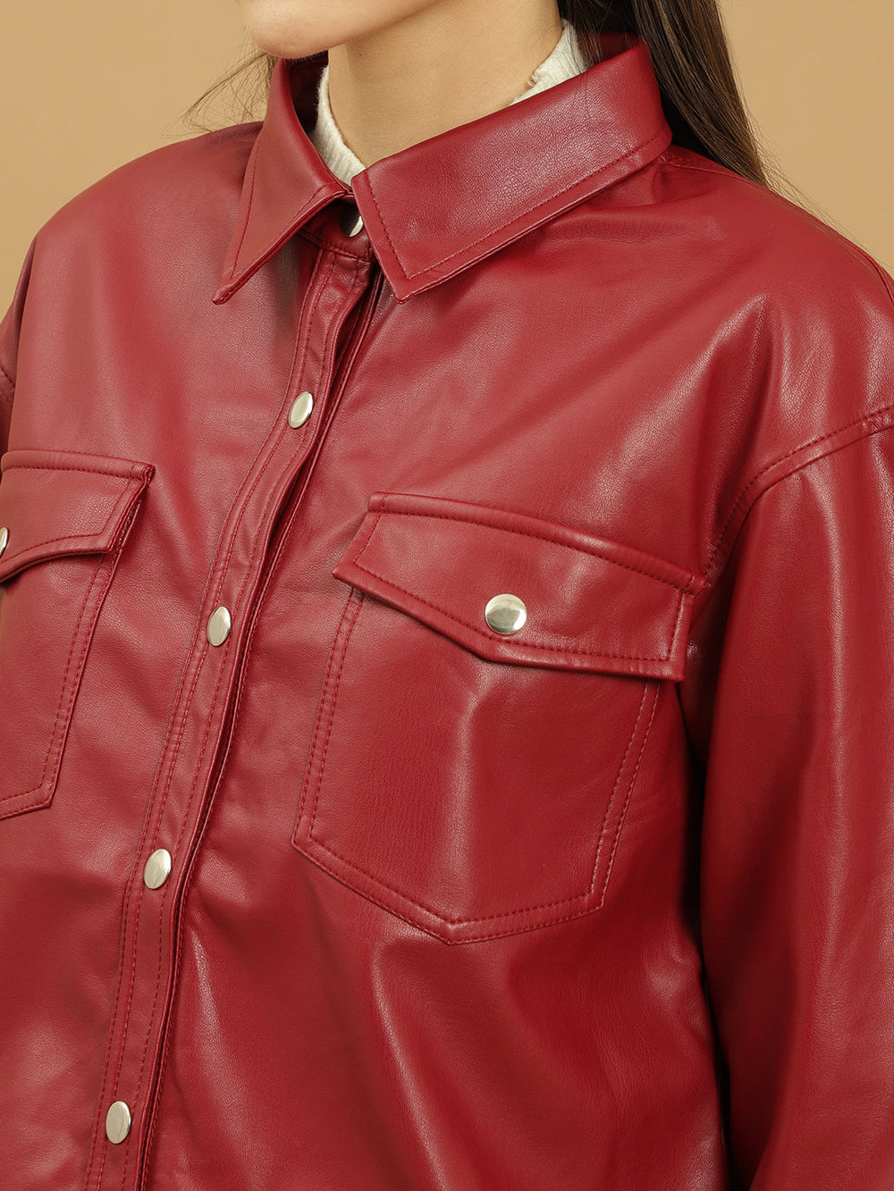 Beatnik Leather Regular Solid Womens Red Jackets Beatnik India