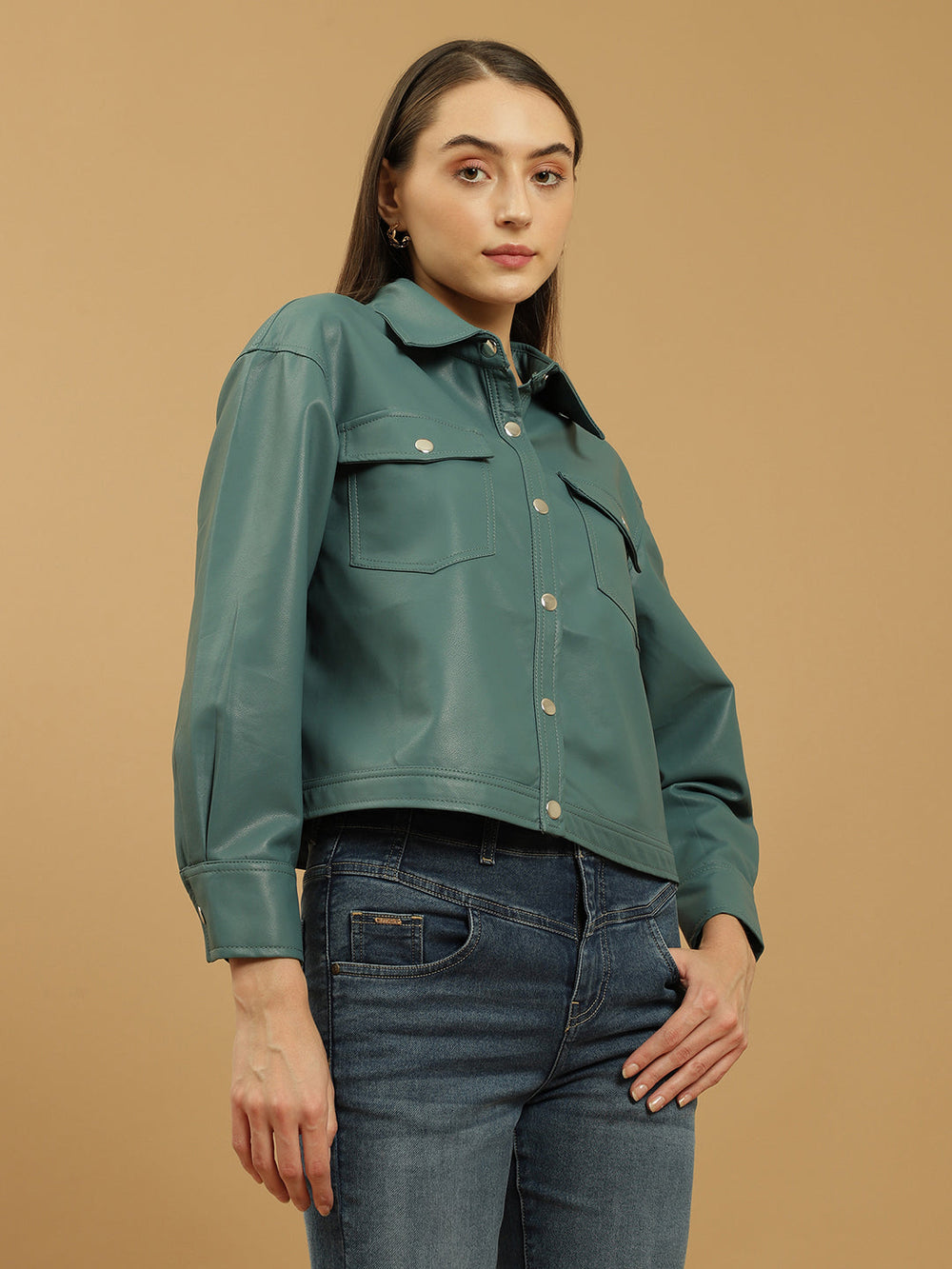 Beatnik Leather Regular Solid Womens Teal Blue Jackets Beatnik India