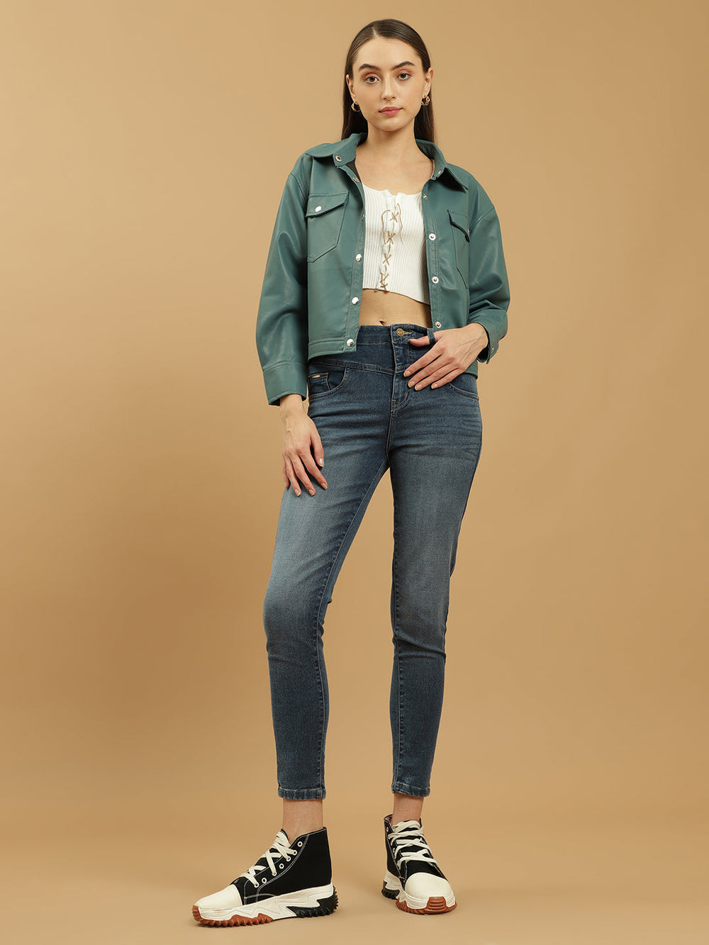 Beatnik Leather Regular Solid Womens Teal Blue Jackets Beatnik India