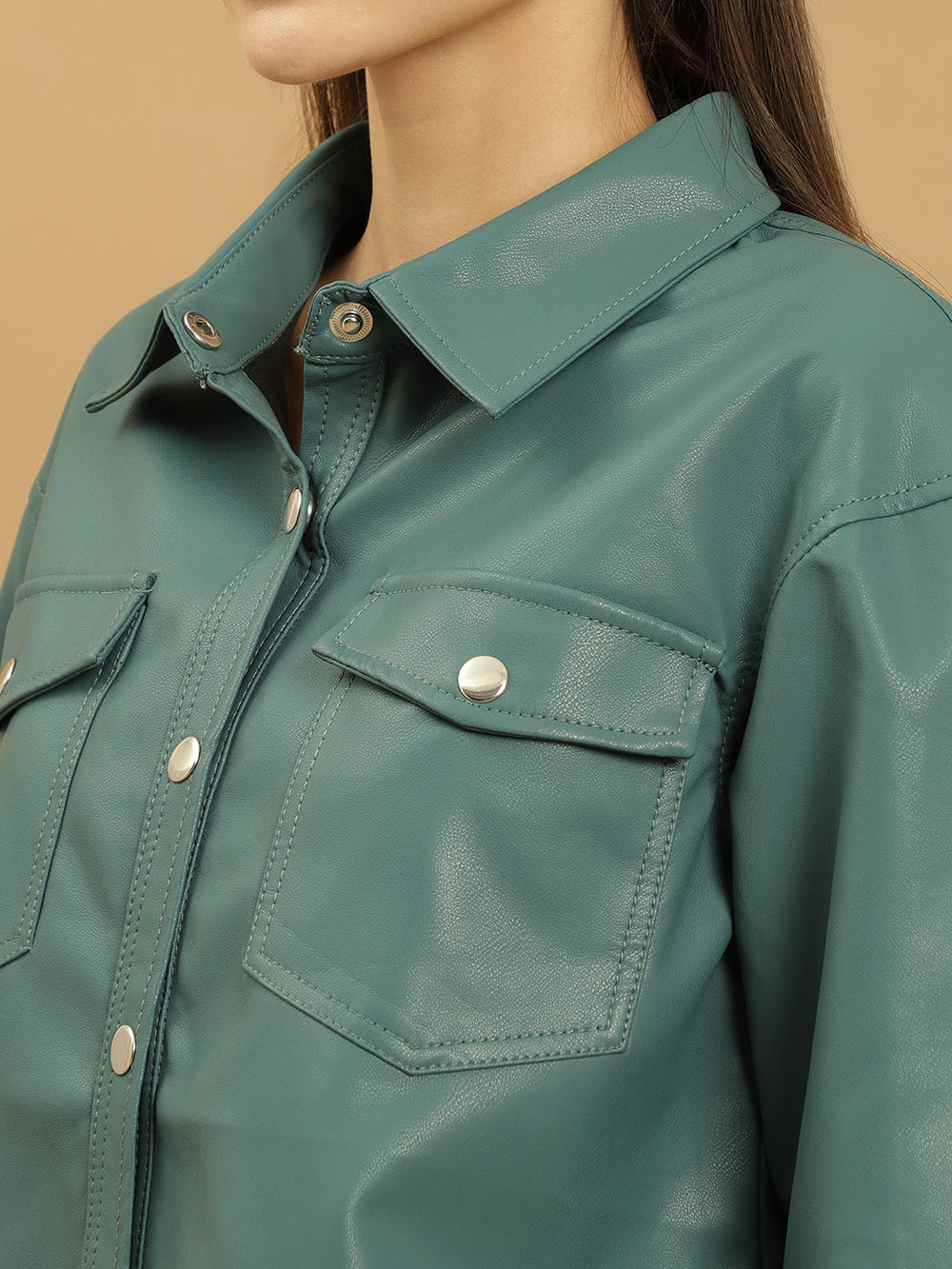 Beatnik Leather Regular Solid Womens Teal Blue Jackets Beatnik India