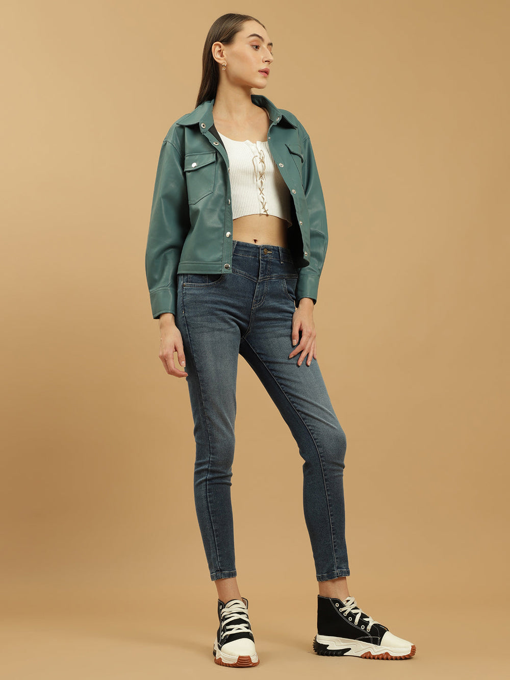 Beatnik Leather Regular Solid Womens Teal Blue Jackets Beatnik India