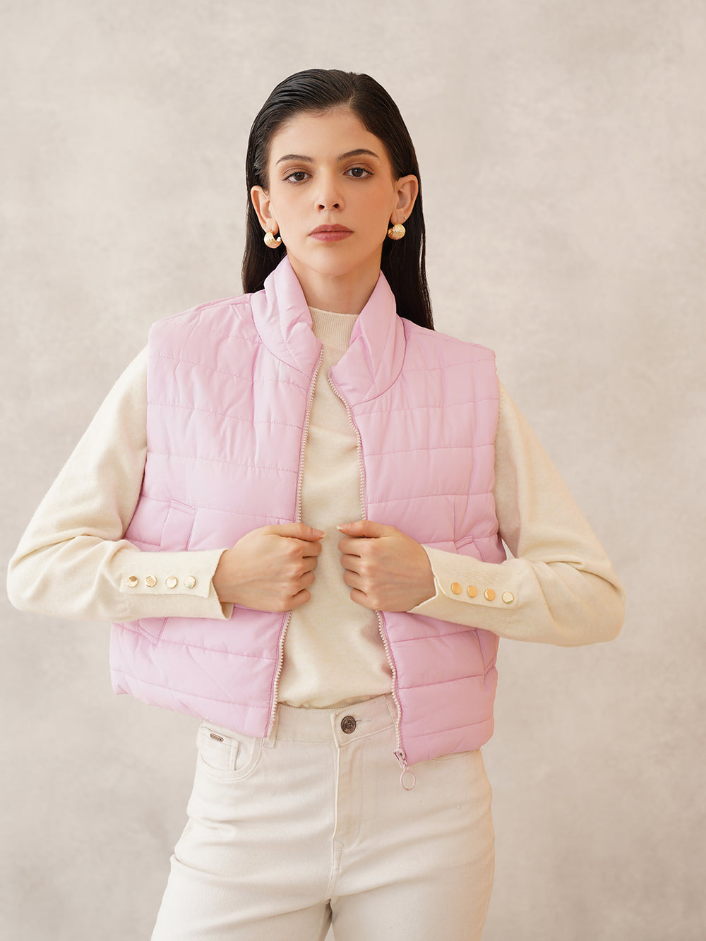 Beatnik Casual Wear Stand Collar Sleeveless Quilting Hip Length Light Pink Jacket Beatnik India