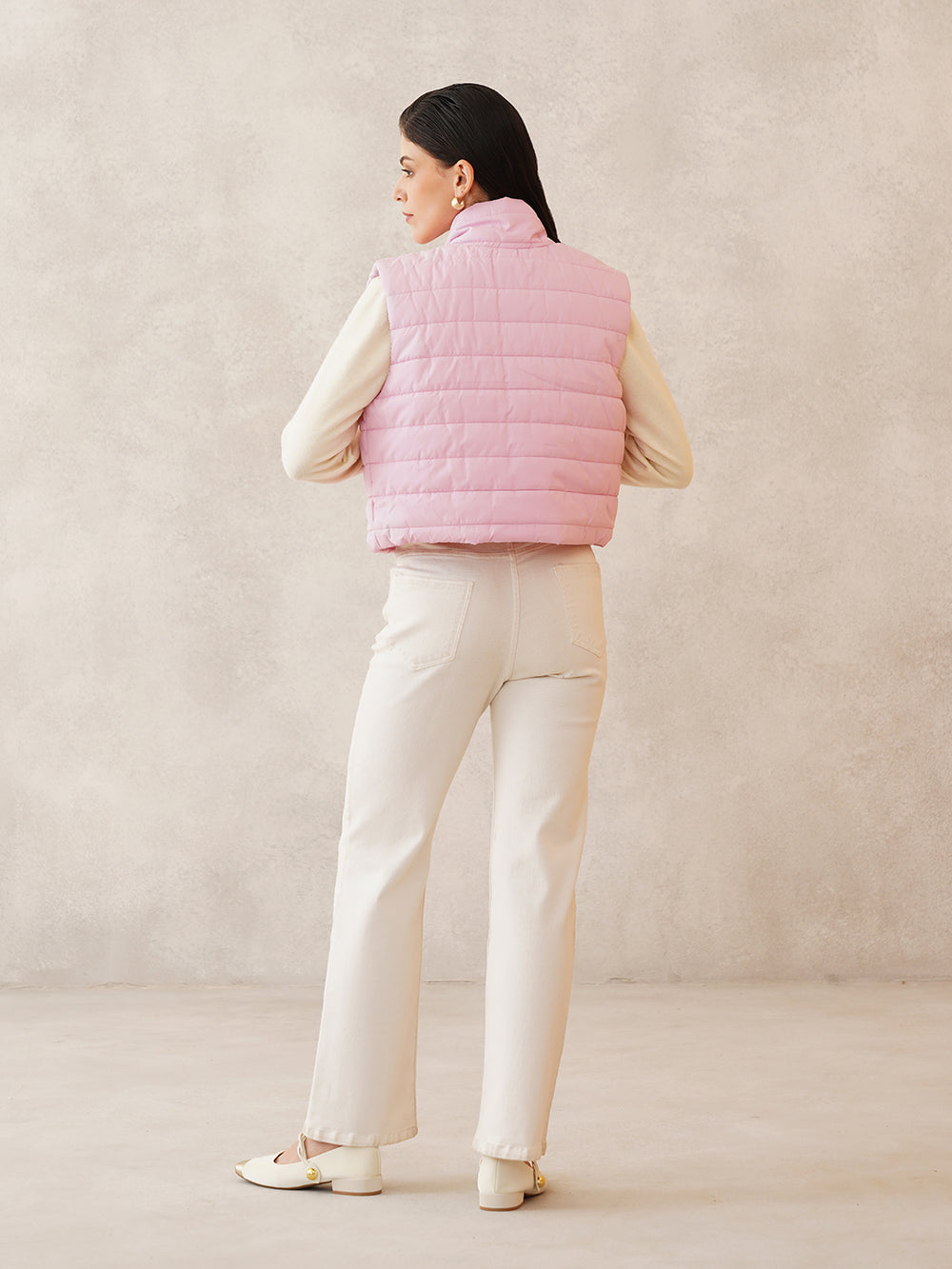 Beatnik Casual Wear Stand Collar Sleeveless Quilting Hip Length Light Pink Jacket Beatnik India